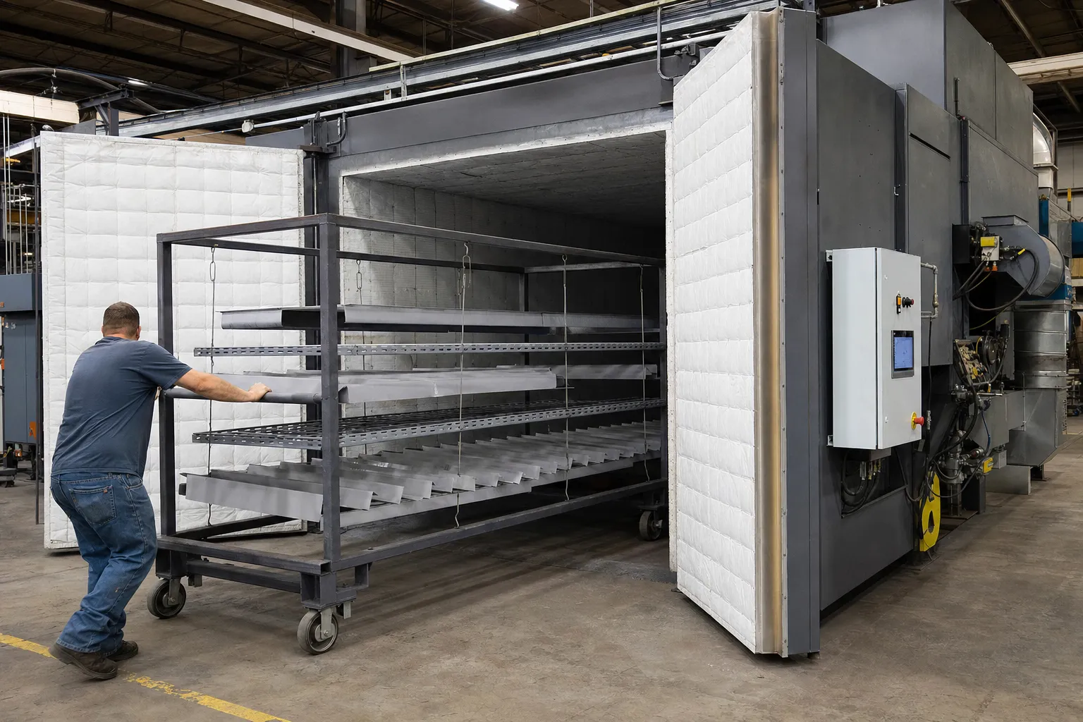 Illustration of rolling racks of metal parts being wheeled into a large industrial batch oven