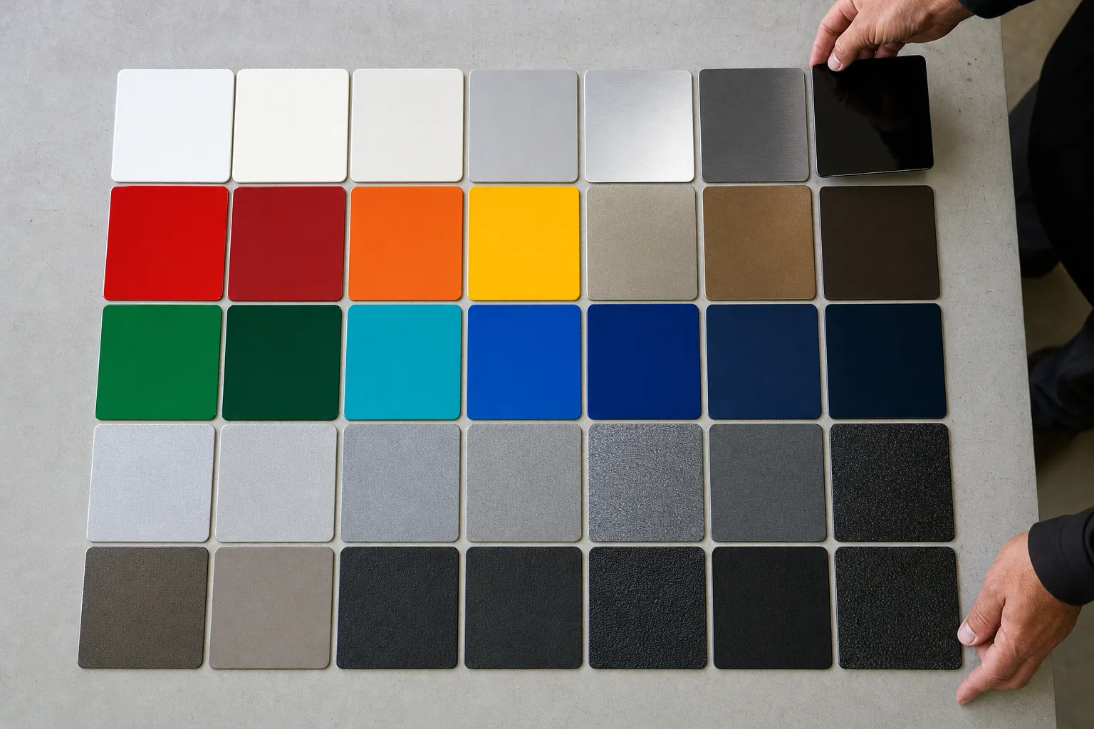 Grid of powder coated sample panels in many colors