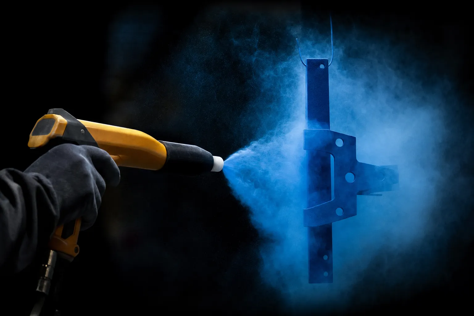 Illustration of a spray gun applying a cloud of charged powder to a hanging metal bracket