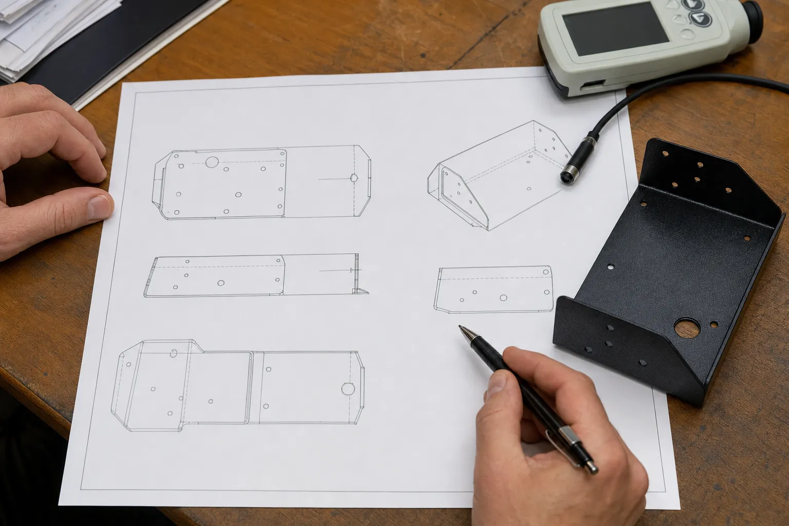 Engineering drawing beside a coated sample part and thickness gauge