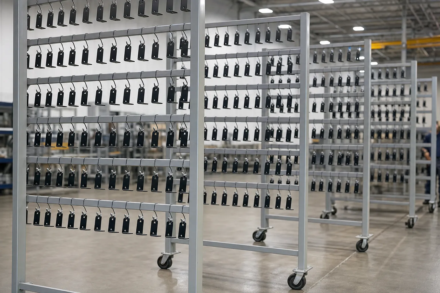 Rolling racks loaded with powder coated metal brackets
